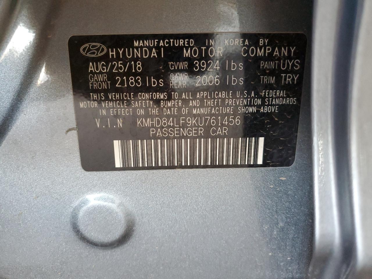 2019 Hyundai Elantra Sel VIN: KMHD84LF9KU761456 Lot: 81950055