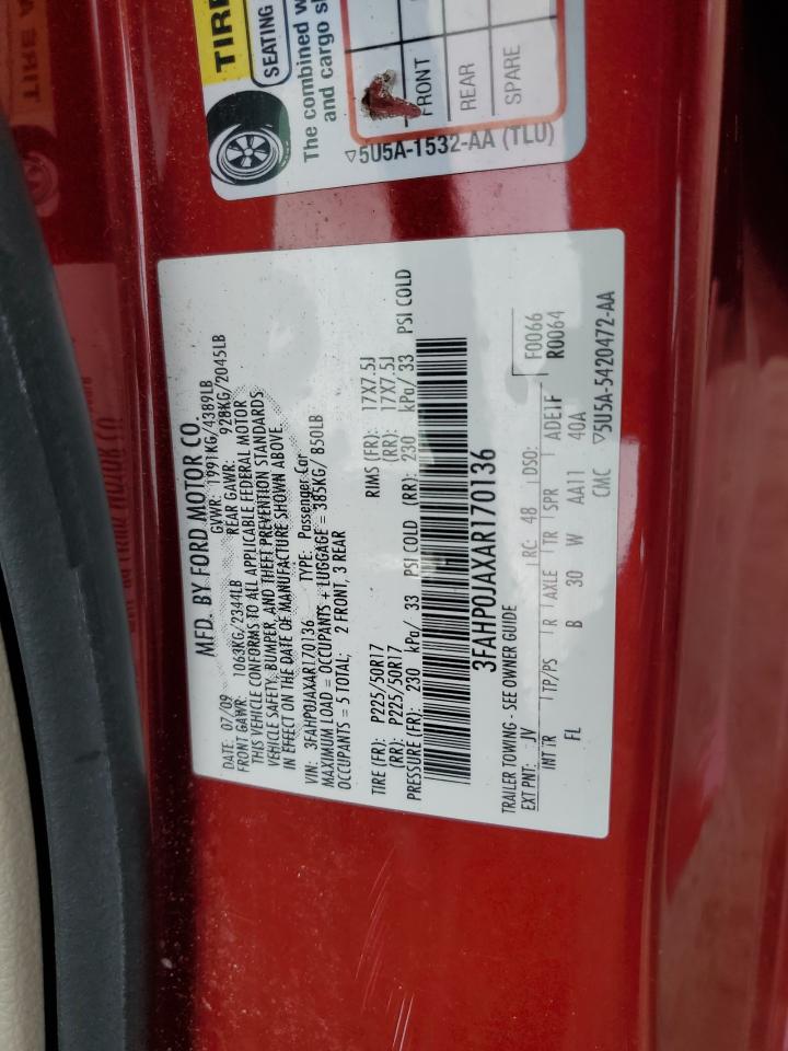 2010 Ford Fusion Sel VIN: 3FAHP0JAXAR170136 Lot: 86633415