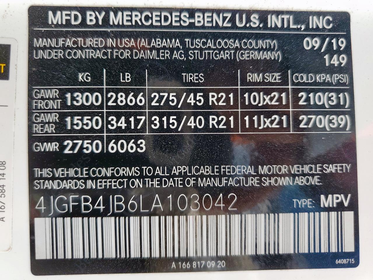 2020 Mercedes-Benz Gle 350 VIN: 4JGFB4JB6LA103042 Lot: 84648885