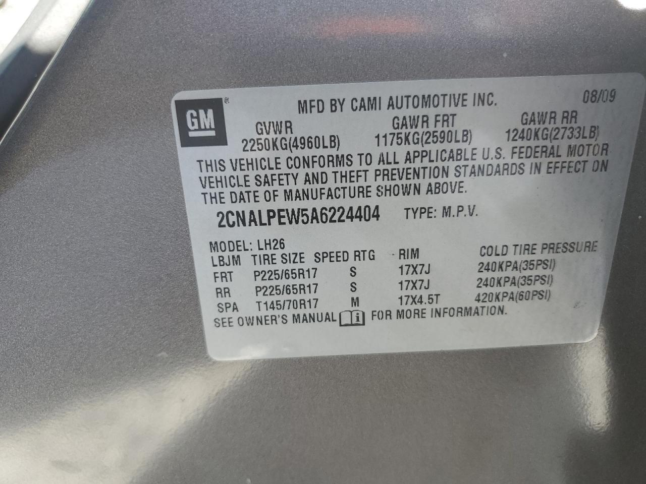 2010 Chevrolet Equinox Lt VIN: 2CNALPEW5A6224404 Lot: 85717515