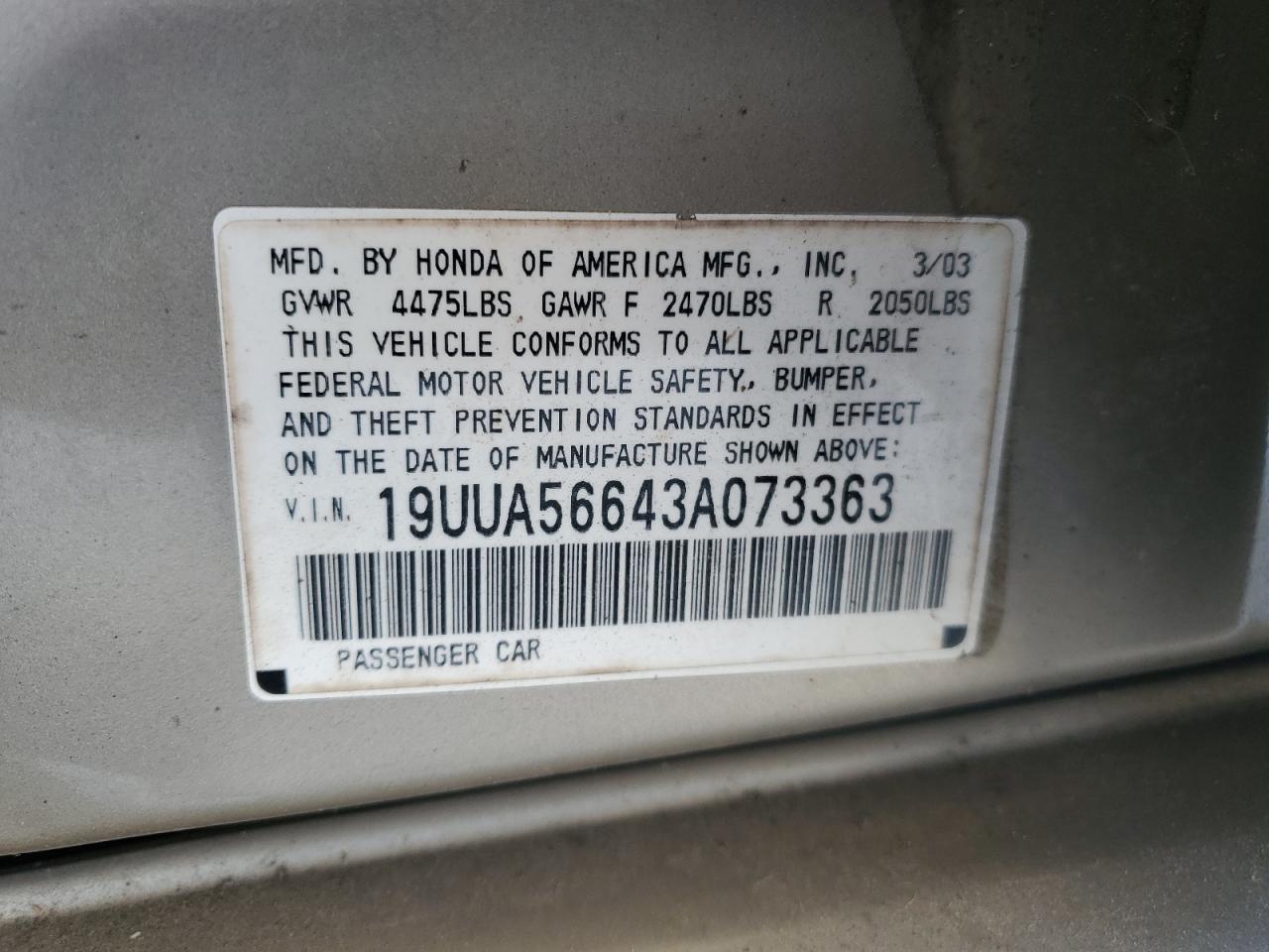 2003 Acura 3.2Tl VIN: 19UUA56643A073363 Lot: 82716735