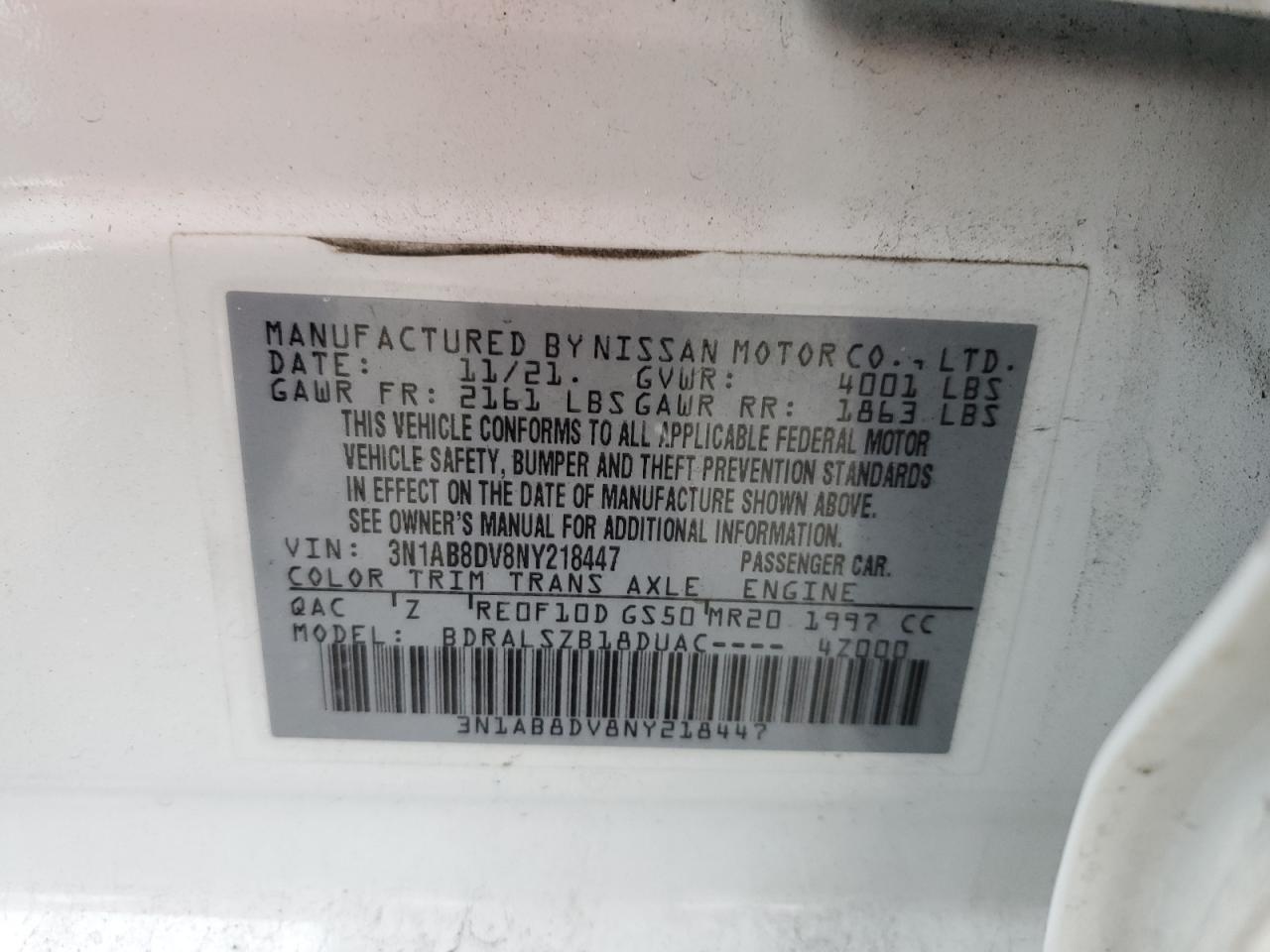 2022 Nissan Sentra Sr VIN: 3N1AB8DV8NY218447 Lot: 90102545