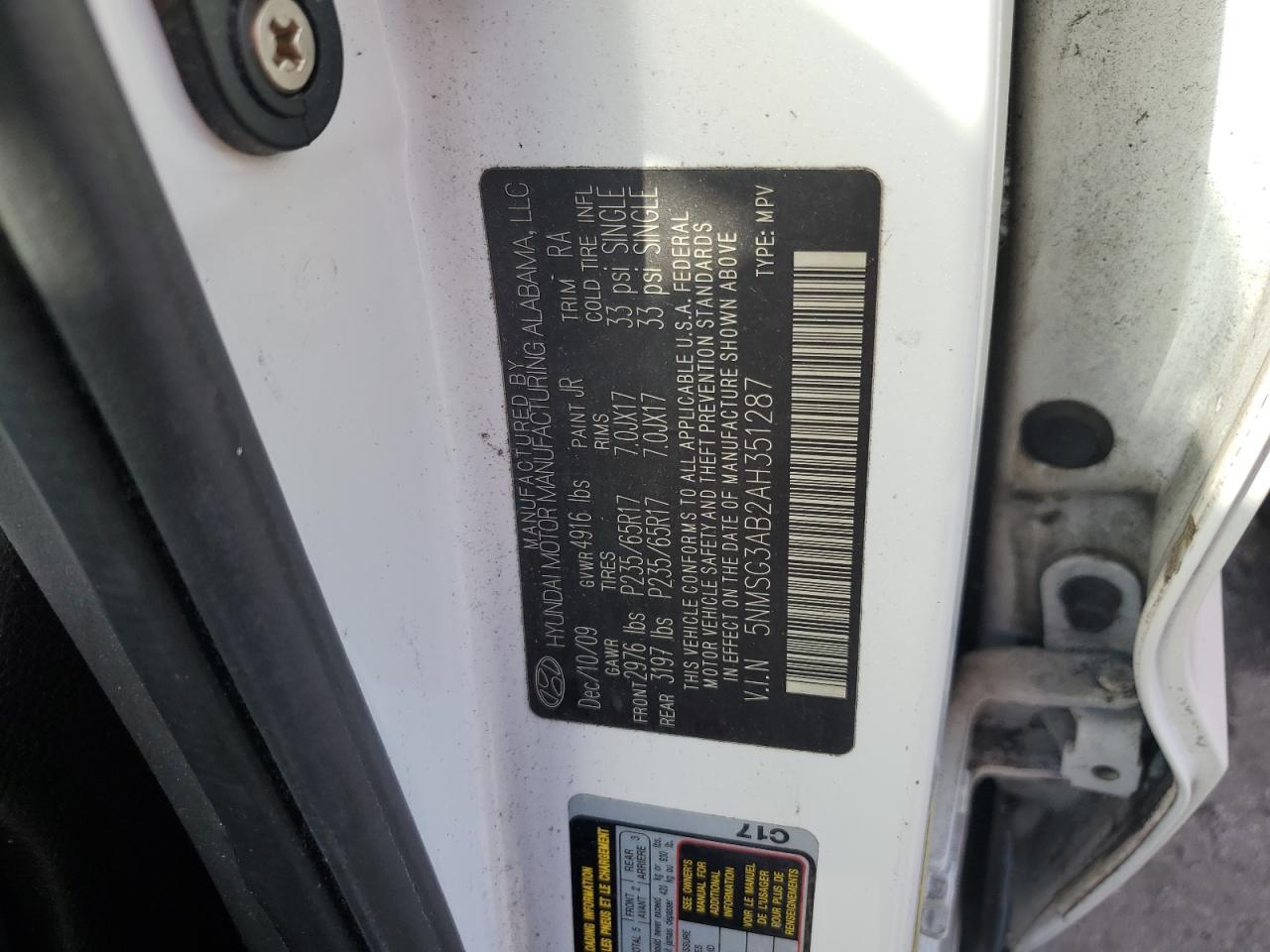 2010 Hyundai Santa Fe Gls VIN: 5NMSG3AB2AH351287 Lot: 85919455