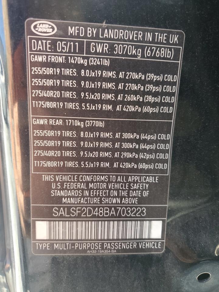 2011 Land Rover Range Rover Sport Hse VIN: SALSF2D48BA703223 Lot: 82218295