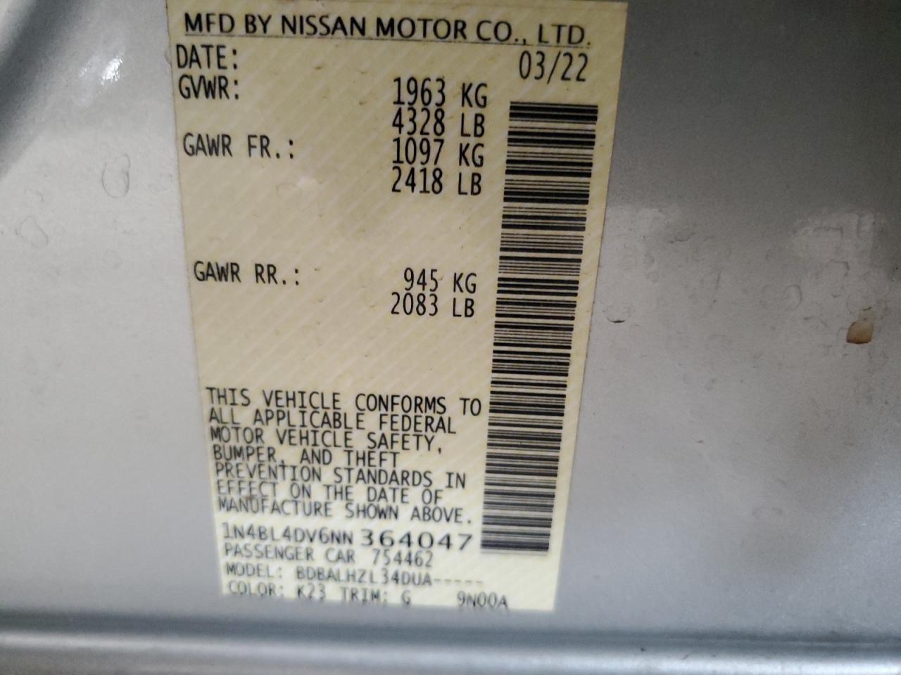 2022 Nissan Altima Sv VIN: 1N4BL4DV6NN364047 Lot: 85009905