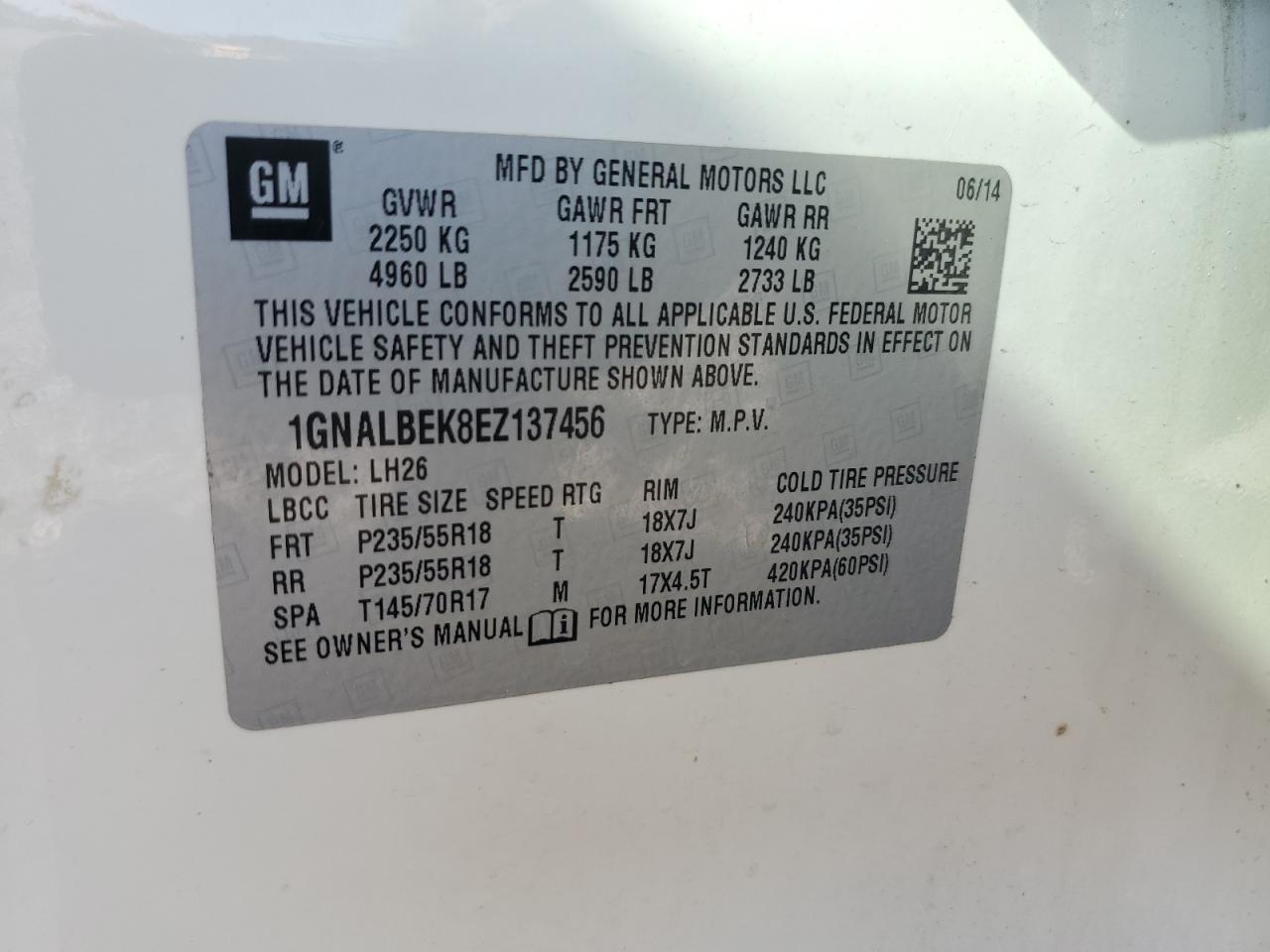 2014 Chevrolet Equinox Lt VIN: 1GNALBEK8EZ137456 Lot: 82237825