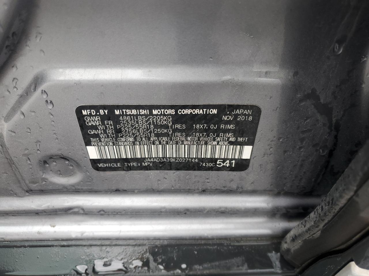 2019 Mitsubishi Outlander Se VIN: JA4AD3A39KZ027144 Lot: 85564075
