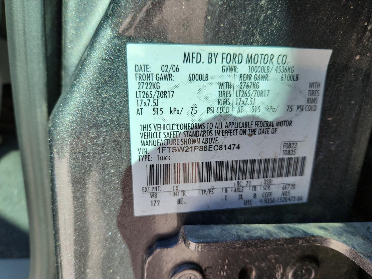 2006 Ford F250 Super Duty VIN: 1FTSW21P86EC81474 Lot: 89921175