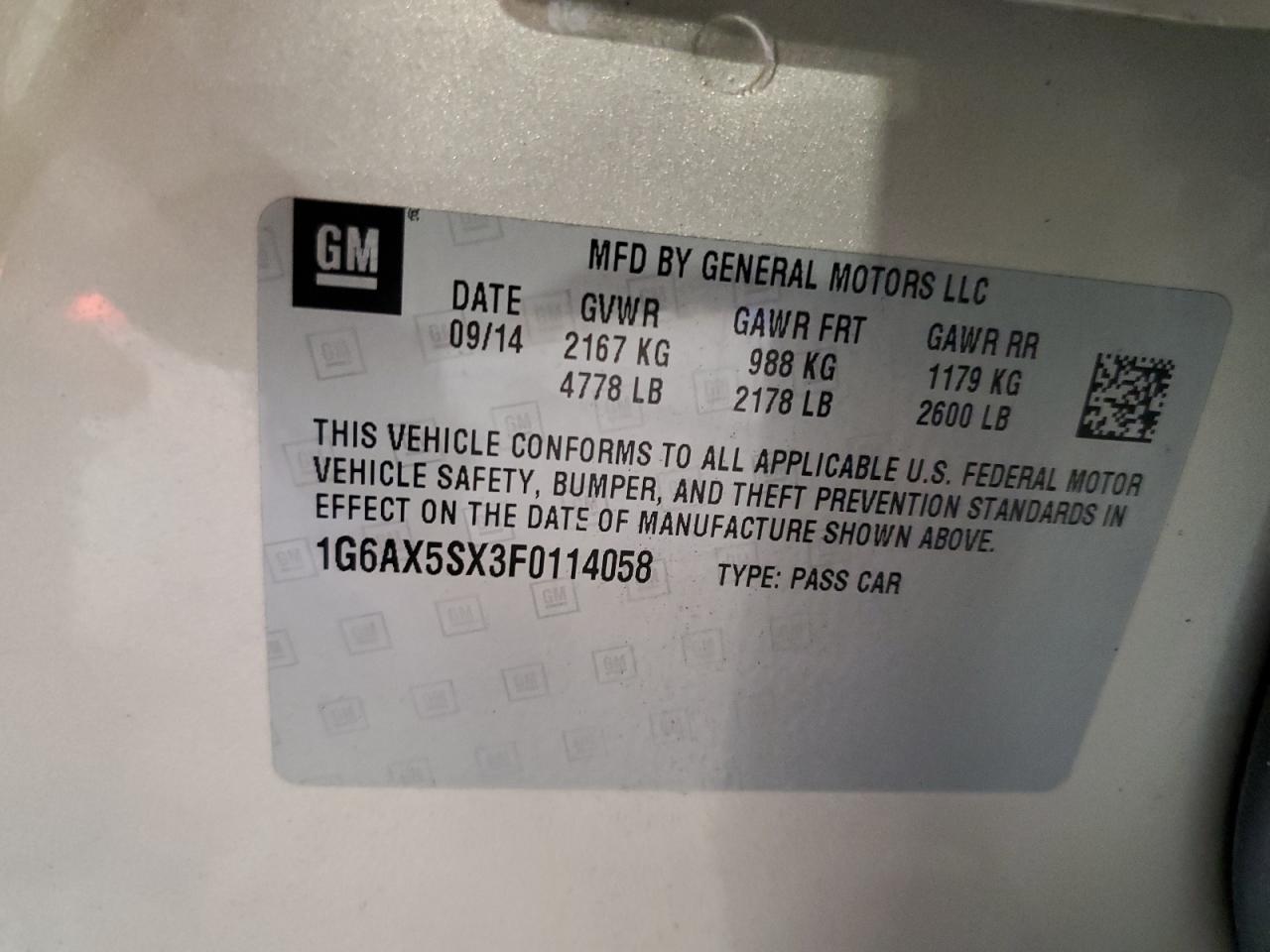 2015 Cadillac Cts Luxury Collection VIN: 1G6AX5SX3F0114058 Lot: 85352005