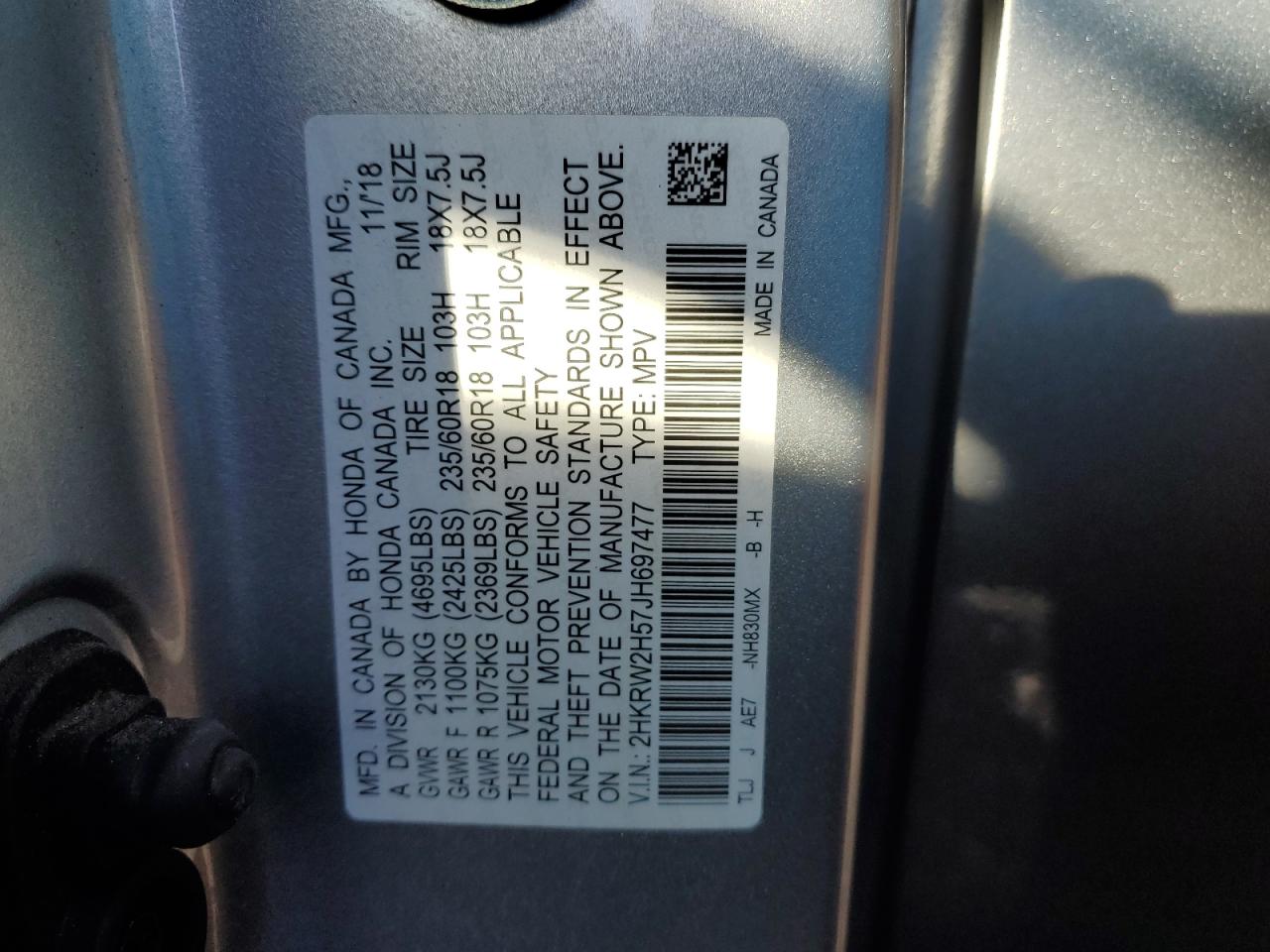 2018 Honda Cr-V Ex VIN: 2HKRW2H57JH697477 Lot: 87003645