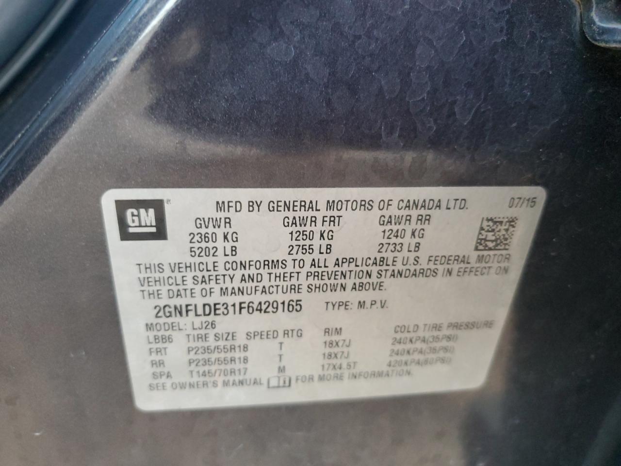 2015 Chevrolet Equinox Ltz VIN: 2GNFLDE31F6429165 Lot: 84458405