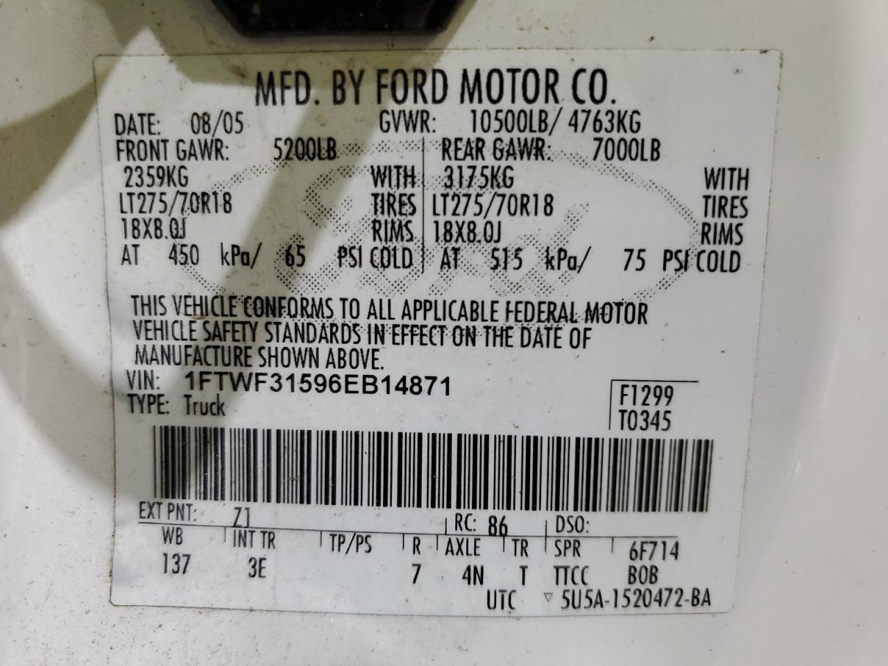 2006 Ford F350 Srw Super Duty VIN: 1FTWF31596EB14871 Lot: 86137715