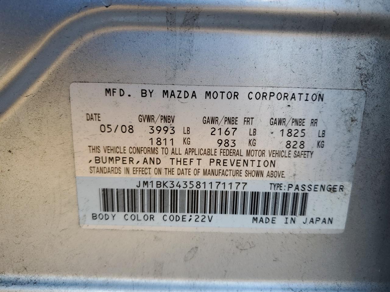 2008 Mazda 3 Hatchback VIN: JM1BK343581171177 Lot: 81453825