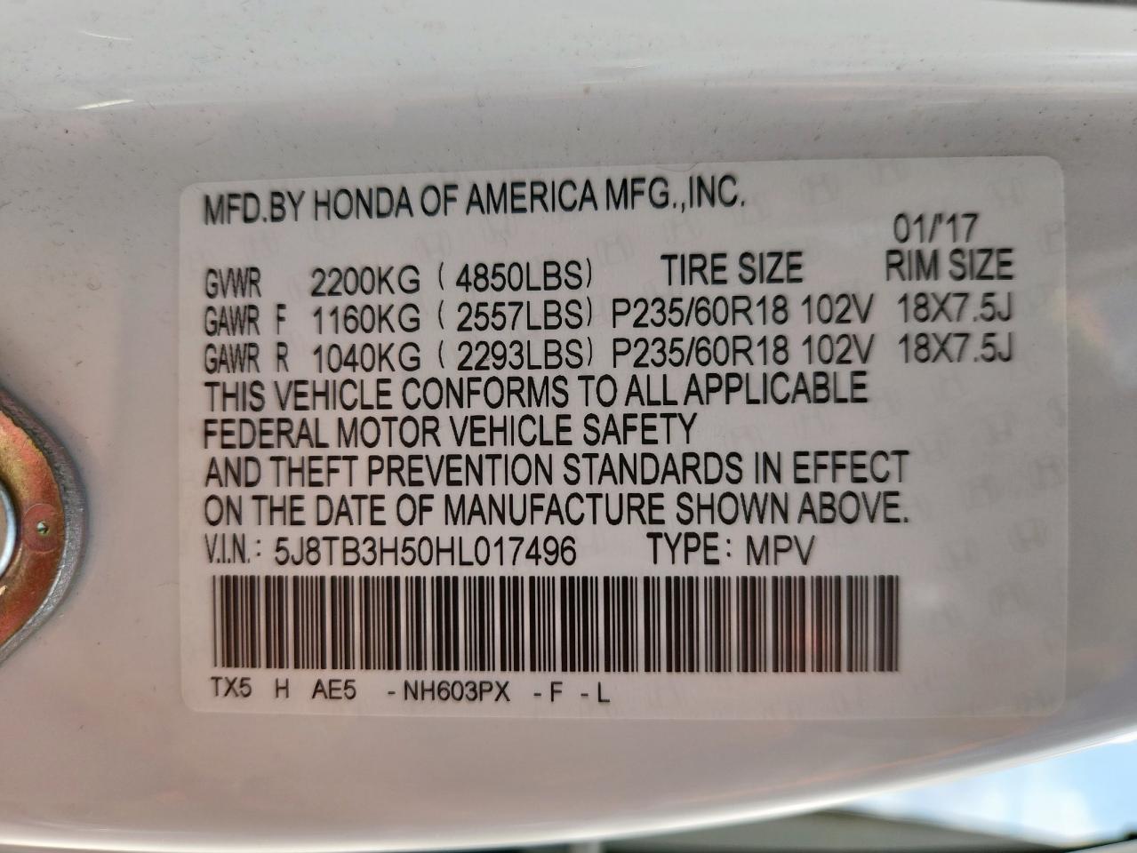 2017 Acura Rdx Technology VIN: 5J8TB3H50HL017496 Lot: 90452635
