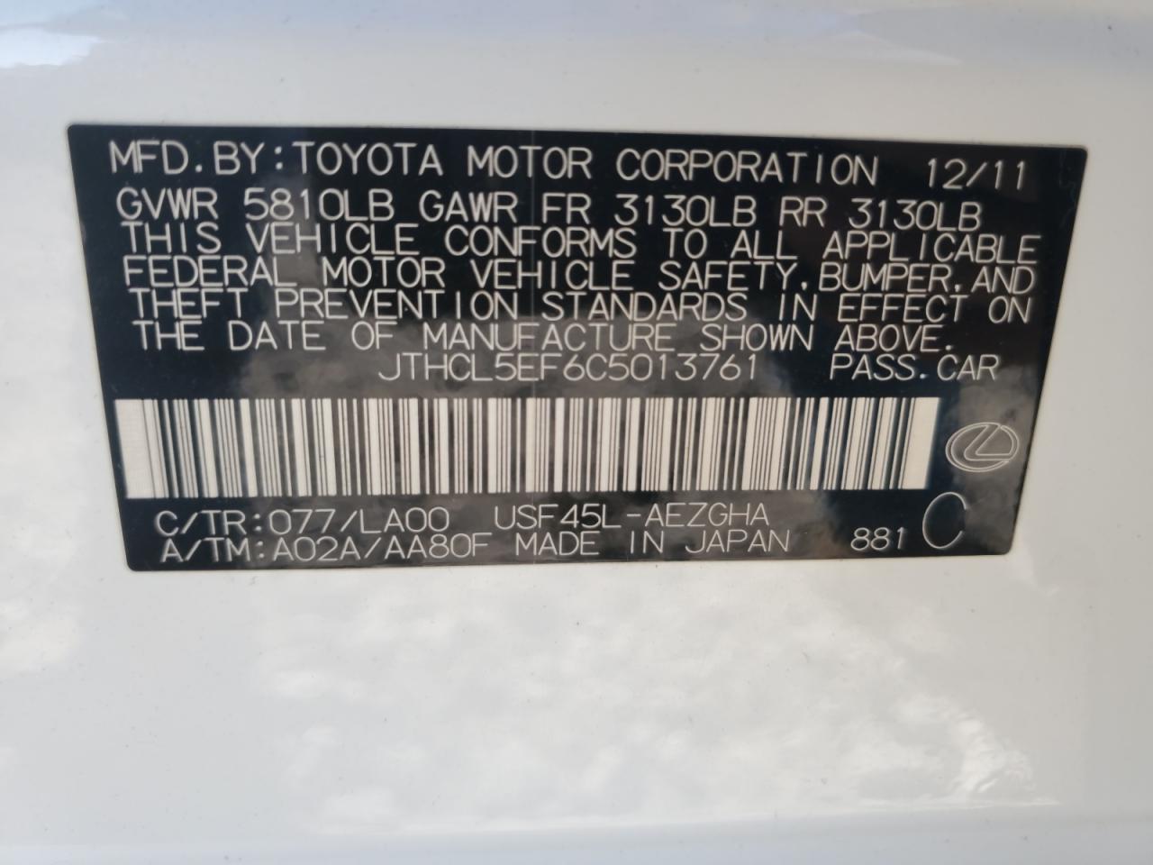 2012 Lexus Ls 460 VIN: JTHCL5EF6C5013761 Lot: 89537085