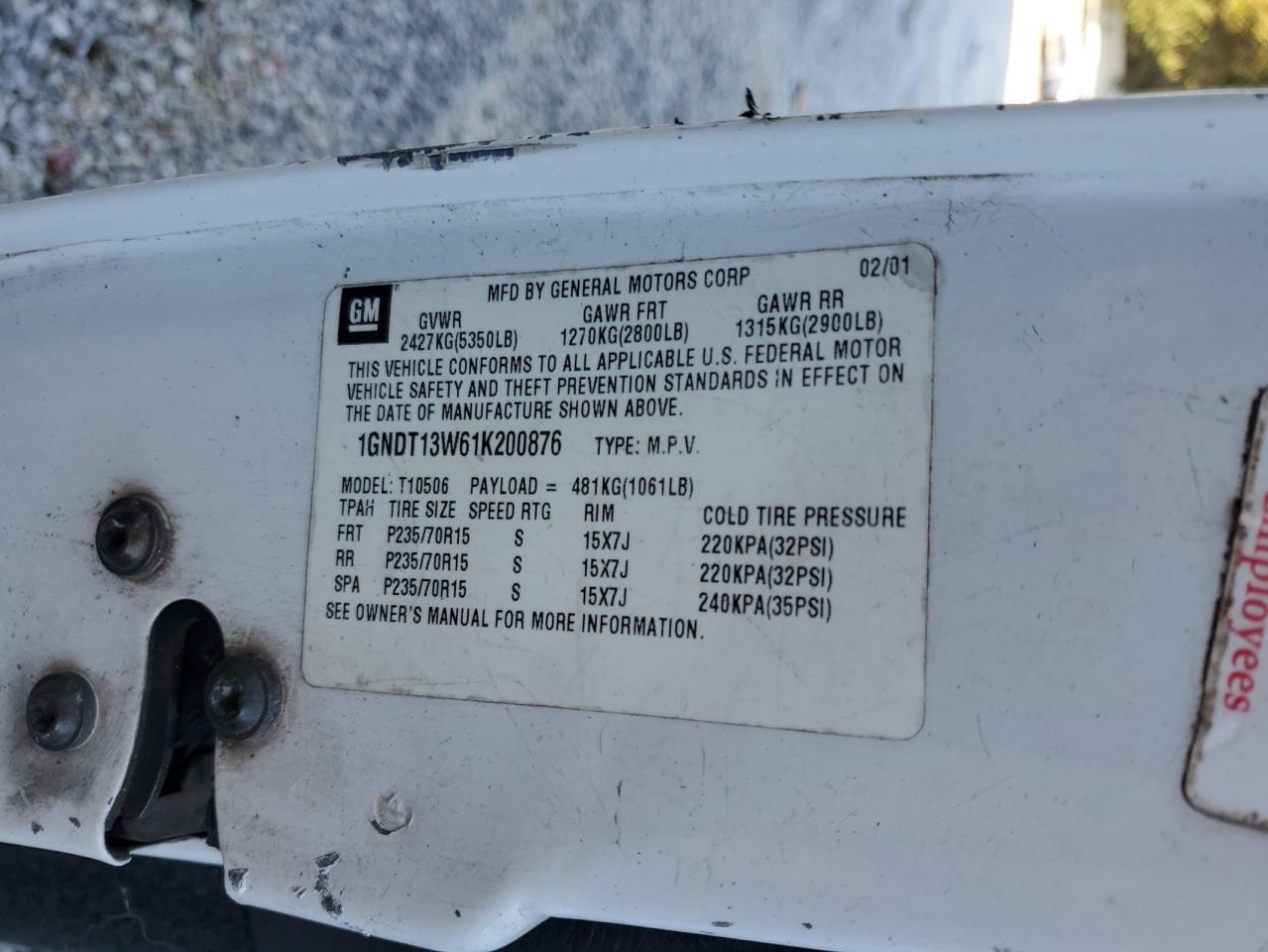 2001 Chevrolet Blazer VIN: 1GNDT13W61K200876 Lot: 84407955