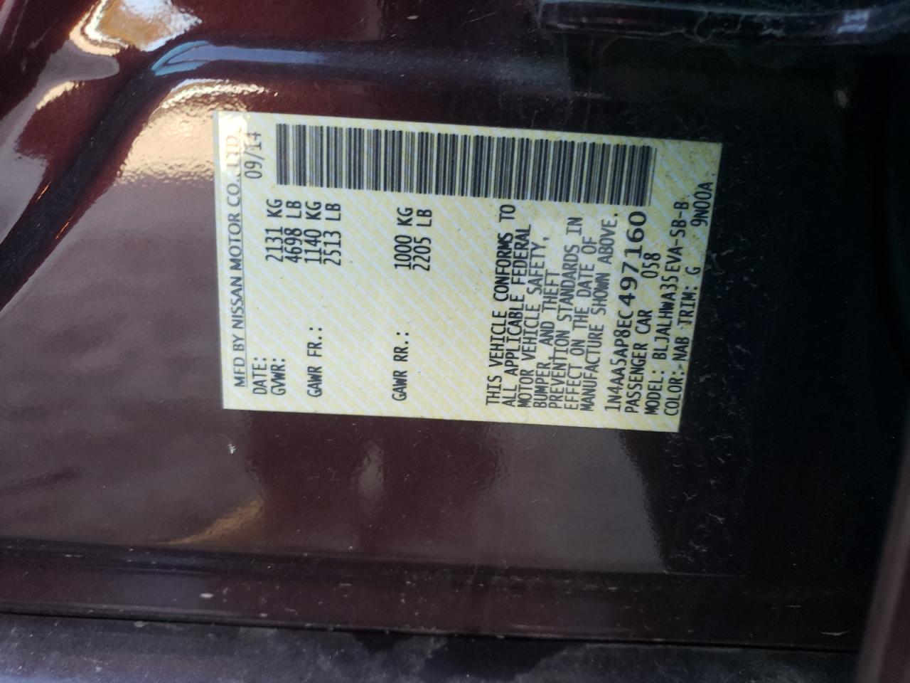 2014 Nissan Maxima S VIN: 1N4AA5AP8EC497160 Lot: 87381525