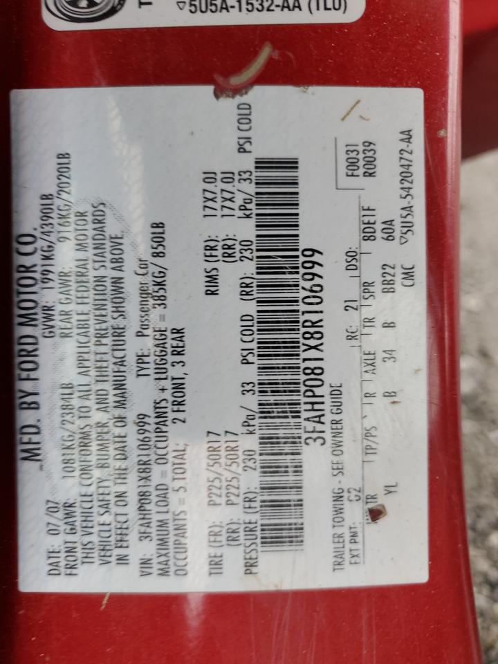 2008 Ford Fusion Sel VIN: 3FAHP081X8R106999 Lot: 81496155