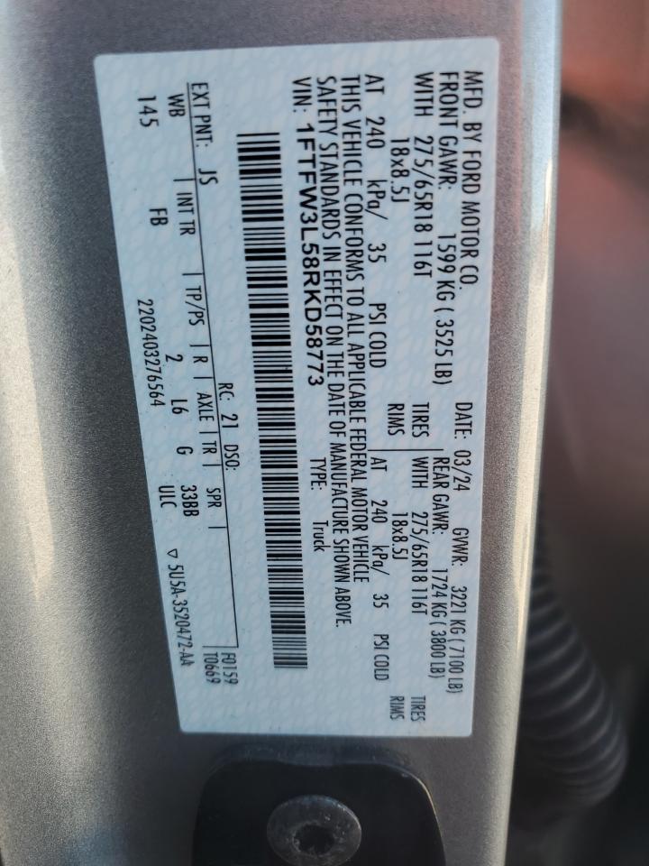 2024 Ford F150 Xlt VIN: 1FTFW3L58RKD58773 Lot: 87031375