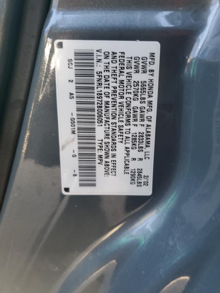 2002 Honda Odyssey Exl VIN: 5FNRL18972B006051 Lot: 87116615