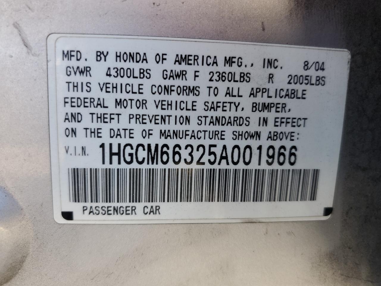 2005 Honda Accord Lx VIN: 1HGCM66325A001966 Lot: 85381035