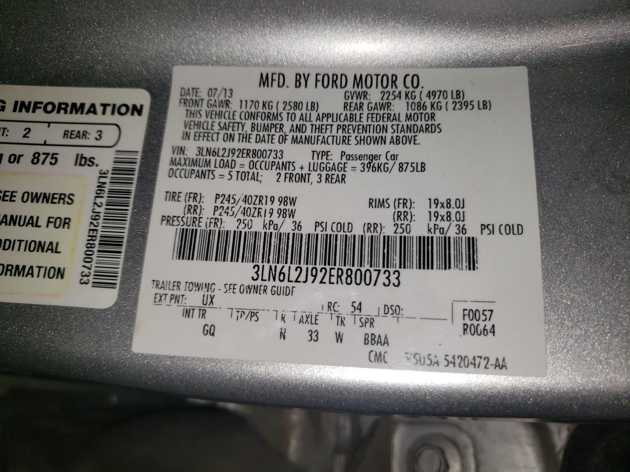 2014 Lincoln Mkz VIN: 3LN6L2J92ER800733 Lot: 86192795