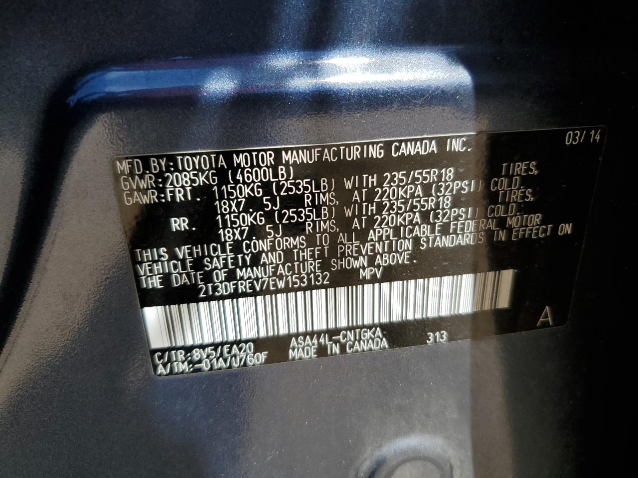 2014 Toyota Rav4 Limited VIN: 2T3DFREV7EW153132 Lot: 85281505