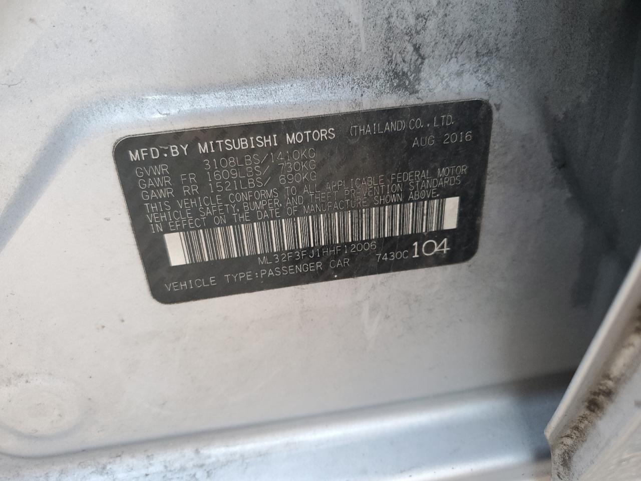 2017 Mitsubishi Mirage G4 Es VIN: ML32F3FJ1HHF12006 Lot: 84061415