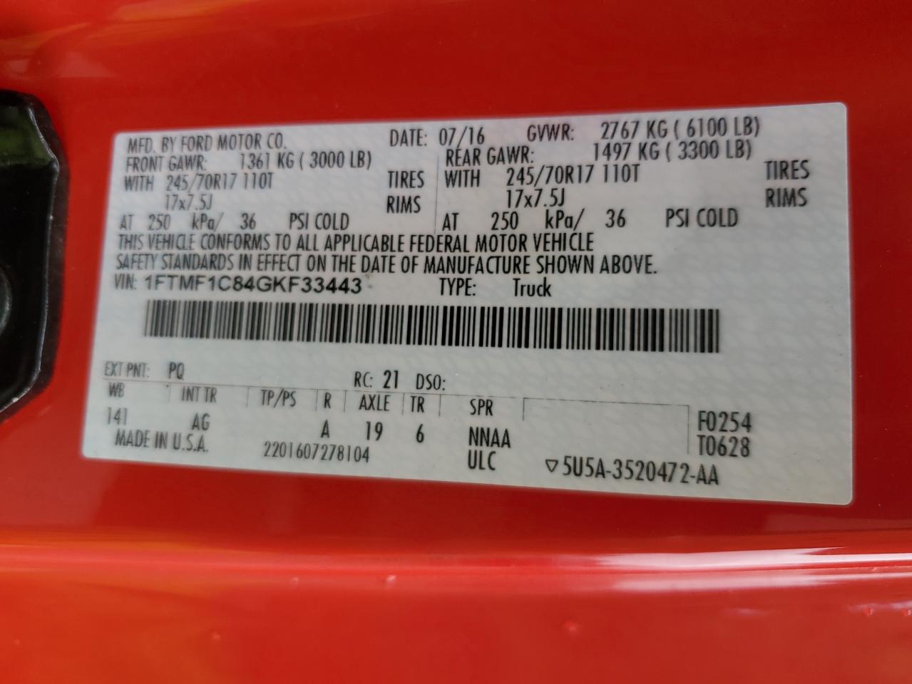 2016 Ford F150 VIN: 1FTMF1C84GKF33443 Lot: 86299415