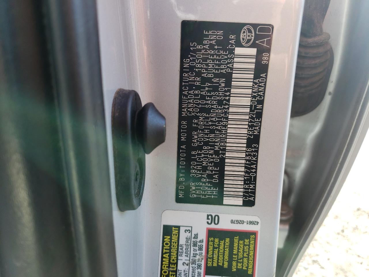 2015 Toyota Corolla L VIN: 2T1BURHE9FC347441 Lot: 86729085