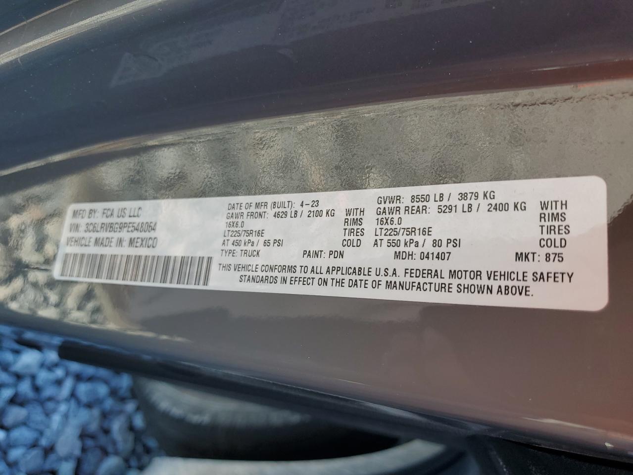 2023 Ram Promaster 1500 1500 High VIN: 3C6LRVBG9PE548064 Lot: 87385025