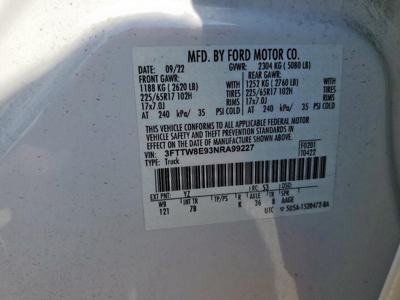 2022 Ford Maverick Xl VIN: 3FTTW8E93NRA99227 Lot: 84706275