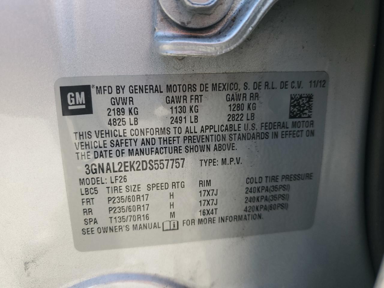2013 Chevrolet Captiva Ls VIN: 3GNAL2EK2DS557757 Lot: 86449205