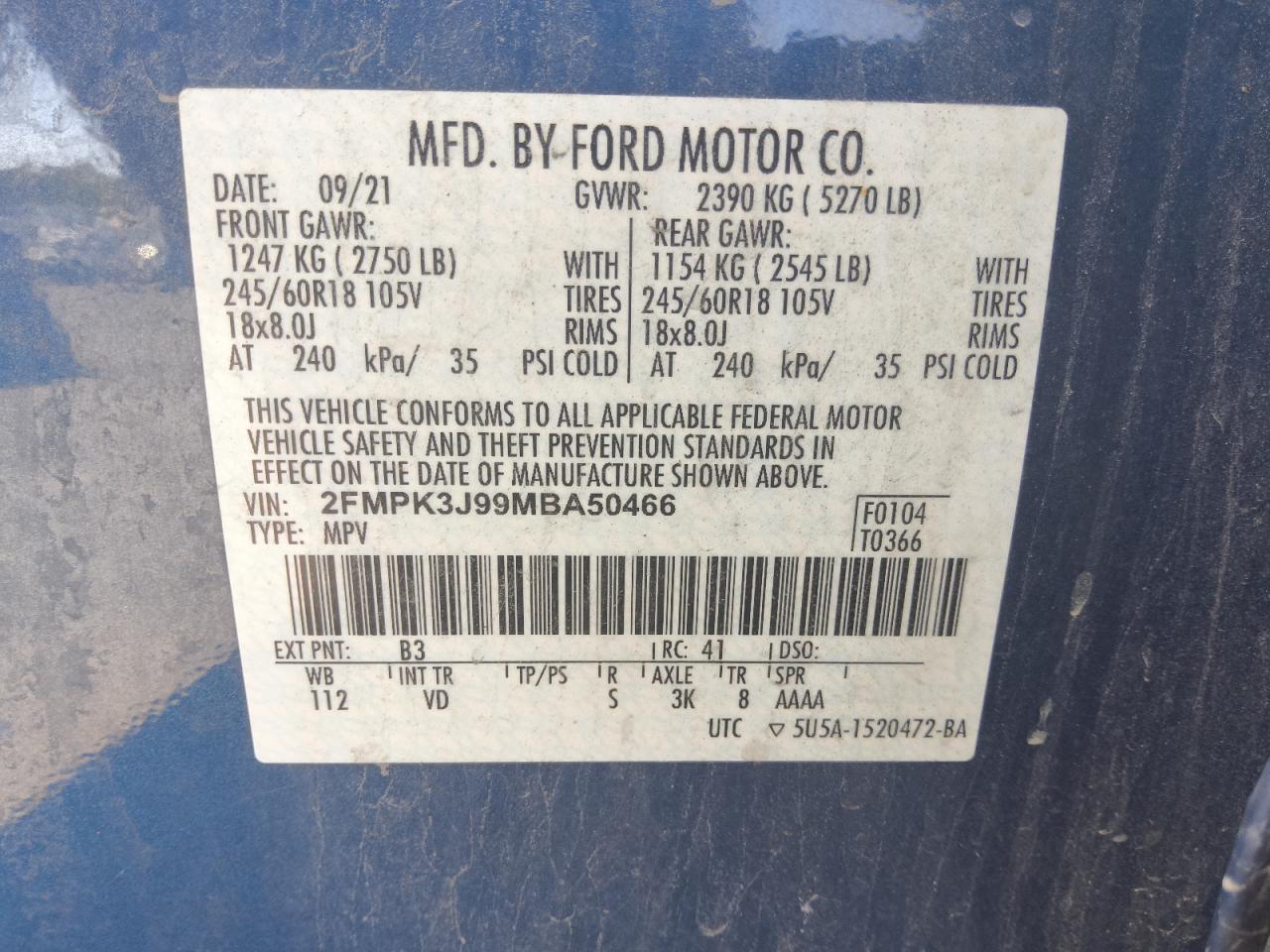 2021 Ford Edge Sel VIN: 2FMPK3J99MBA50466 Lot: 85270145