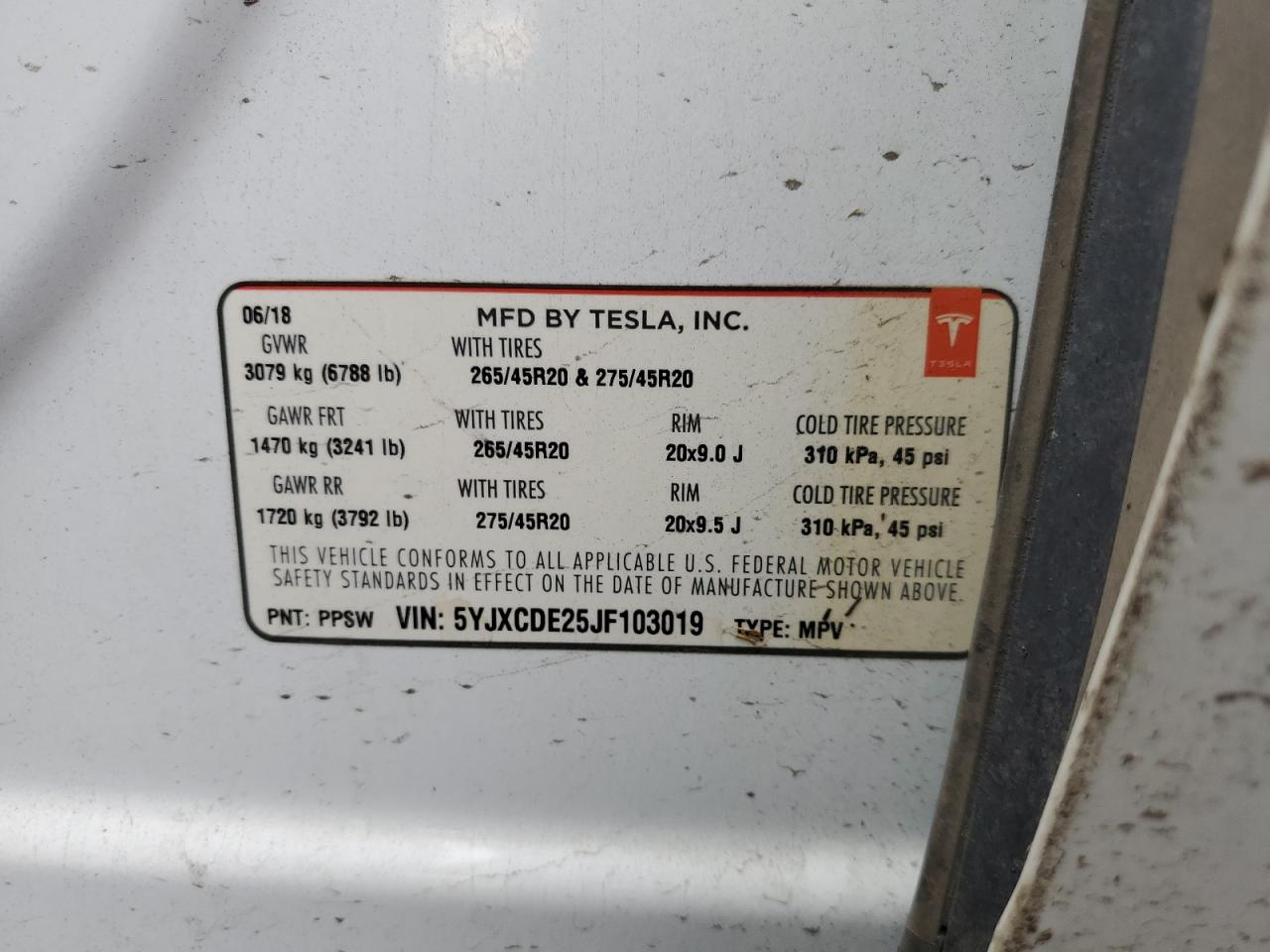 2018 Tesla Model X VIN: 5YJXCDE25JF103019 Lot: 89565955