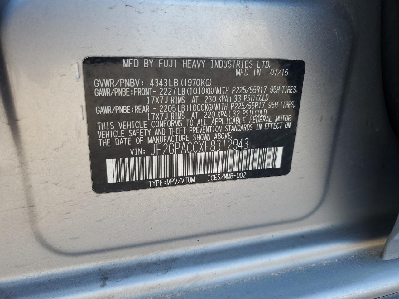 2015 Subaru Xv Crosstrek 2.0 Premium VIN: JF2GPACCXF8312943 Lot: 84976455