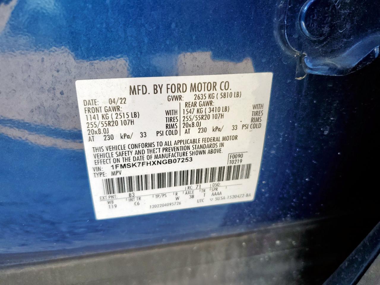 2022 Ford Explorer Limited VIN: 1FMSK7FHXNGB07253 Lot: 81991045