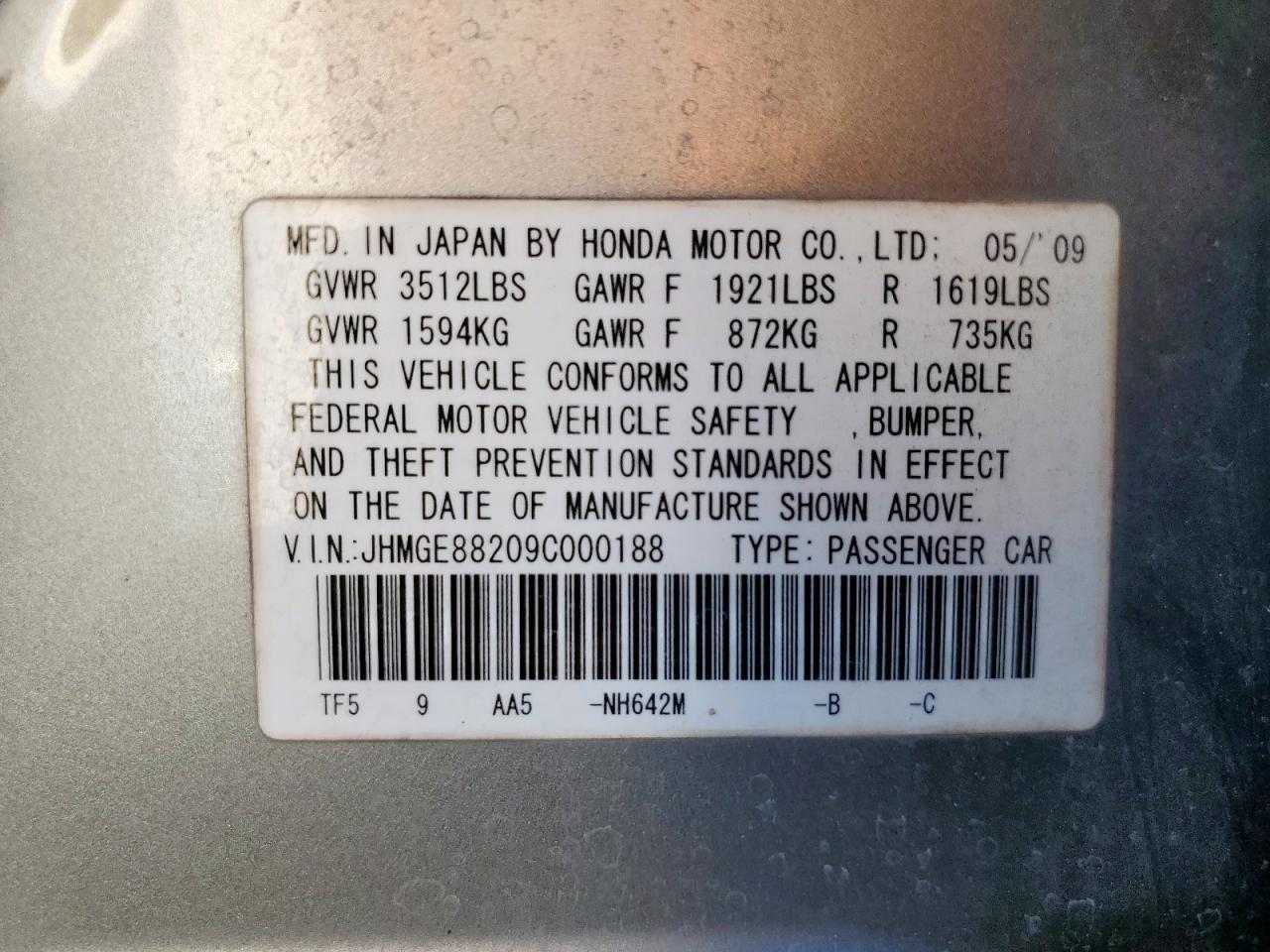 2009 Honda Fit VIN: JHMGE88209C000188 Lot: 85717495