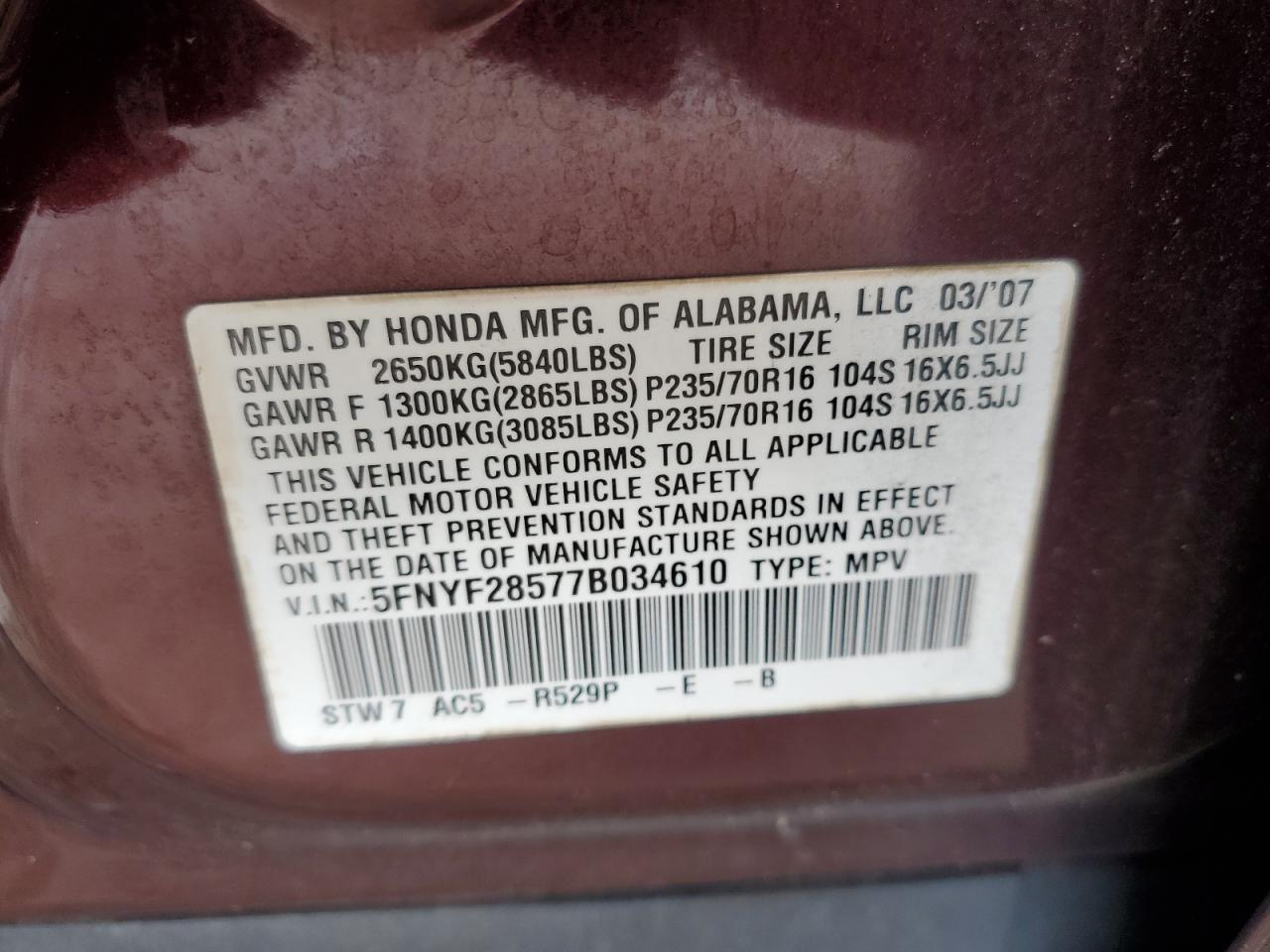 2007 Honda Pilot Exl VIN: 5FNYF28577B034610 Lot: 85855505