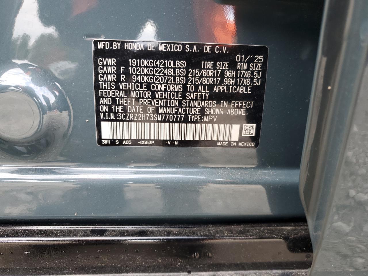 2025 Honda Hr-V Exl VIN: 3CZRZ2H73SM770777 Lot: 85889605