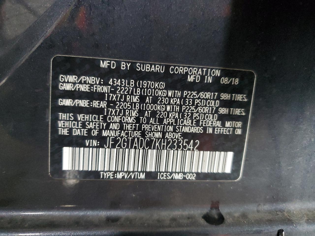 2019 Subaru Crosstrek Premium VIN: JF2GTADC7KH233542 Lot: 82482815