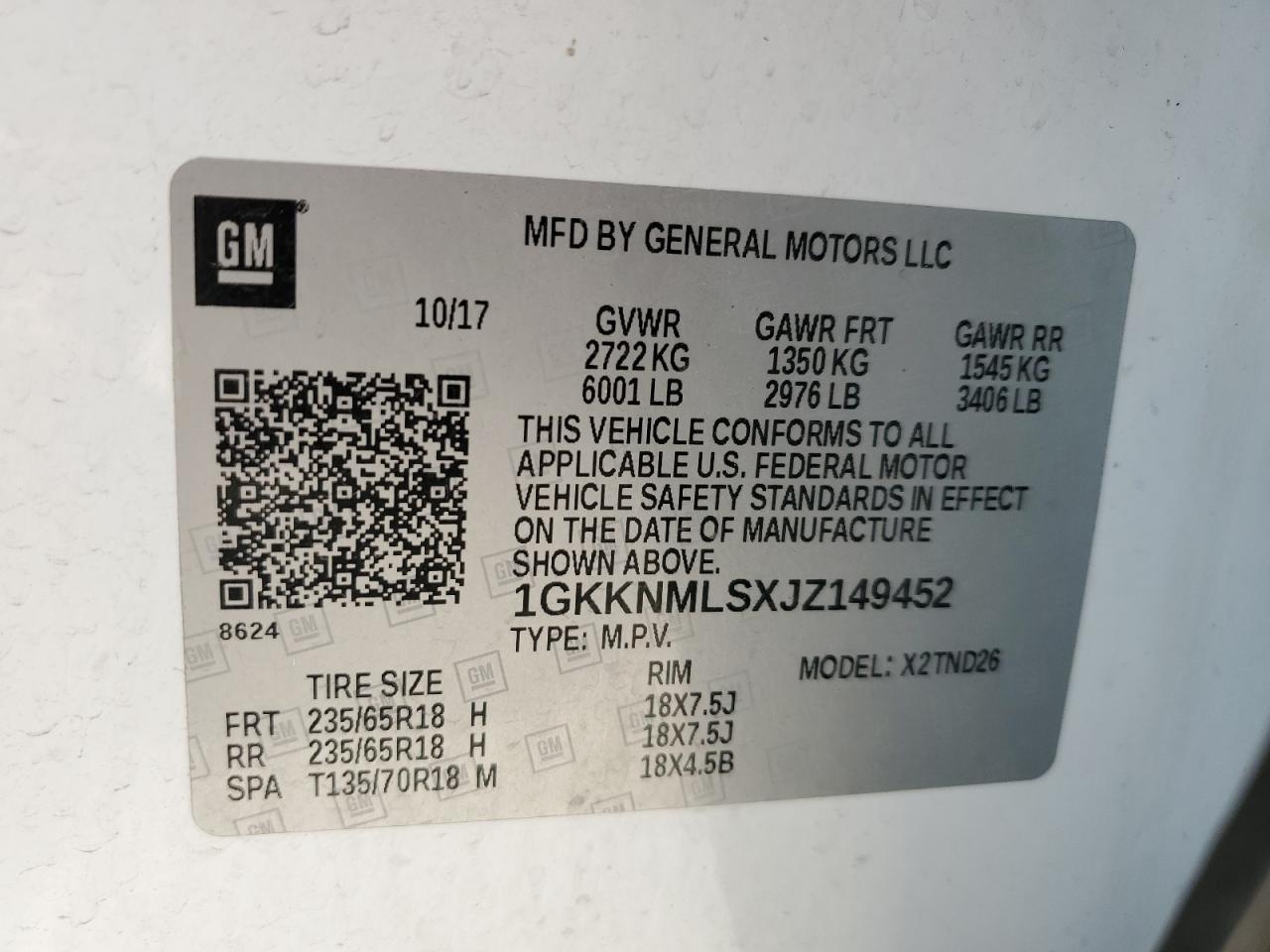 2018 GMC Acadia Slt-1 VIN: 1GKKNMLSXJZ149452 Lot: 86159915