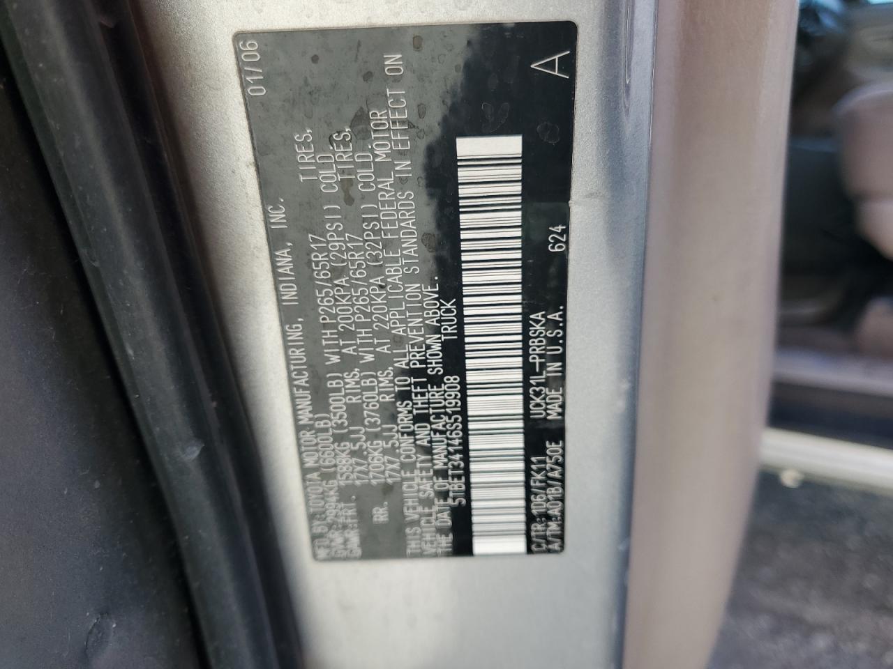 2006 Toyota Tundra Double Cab Sr5 VIN: 5TBET34146S519908 Lot: 85937485