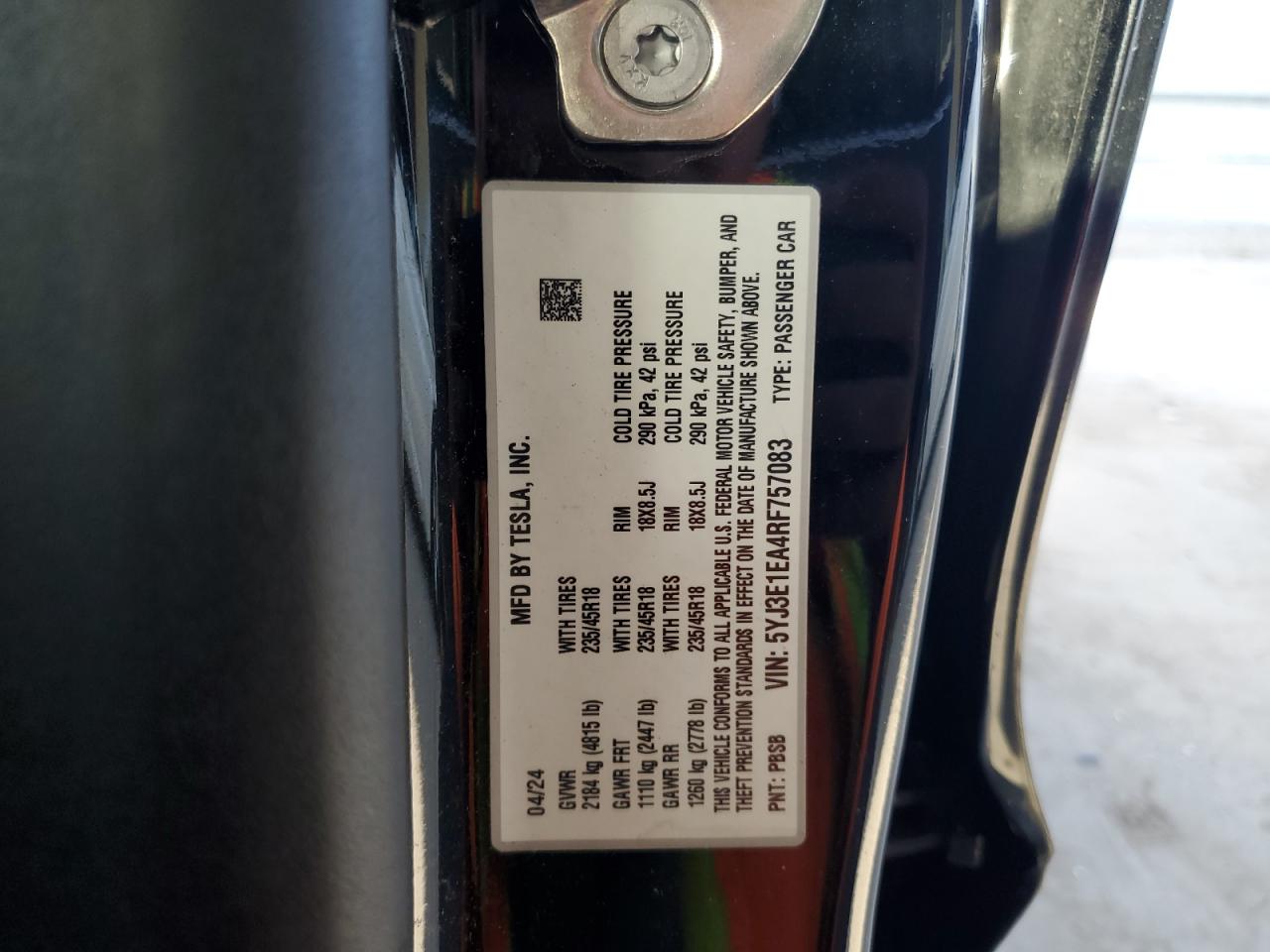 2024 Tesla Model 3 VIN: 5YJ3E1EA4RF757083 Lot: 87360445