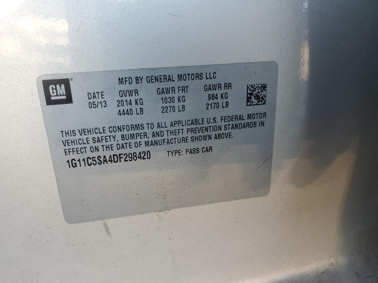 2013 Chevrolet Malibu 1Lt VIN: 1G11C5SA4DF298420 Lot: 89453505
