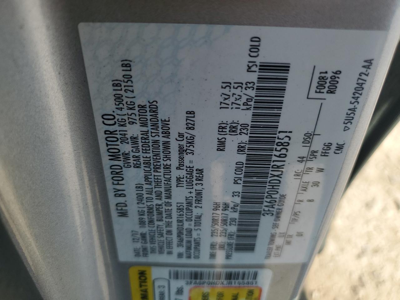 2018 Ford Fusion Se VIN: 3FA6P0HDXJR165851 Lot: 81879125