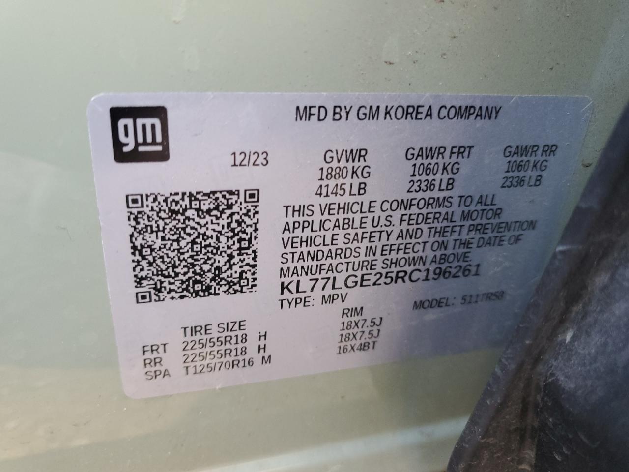 2024 Chevrolet Trax 1Rs VIN: KL77LGE25RC196261 Lot: 82222895