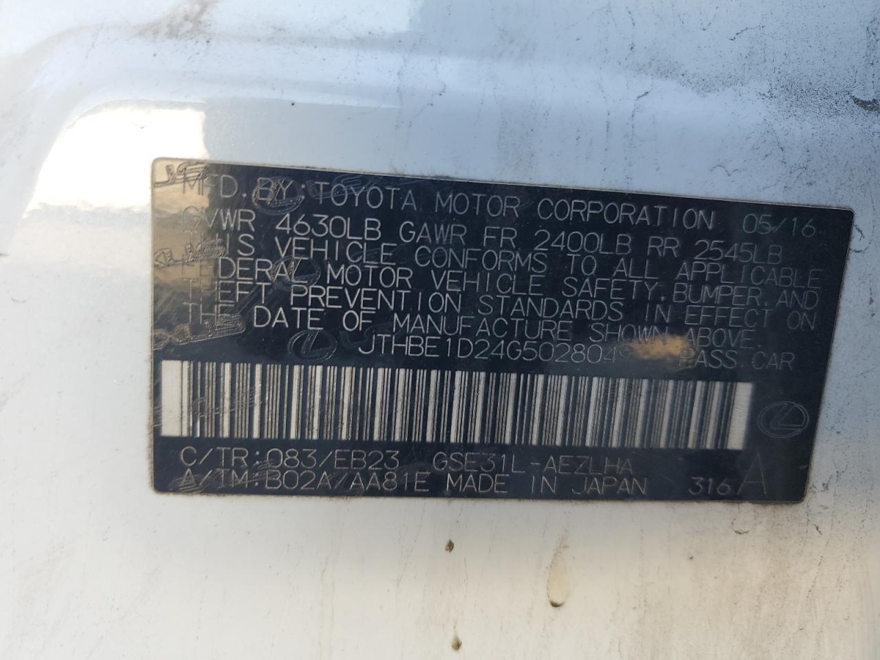 2016 Lexus Is350 VIN: JTHBE1D24G5028049 Lot: 82224755