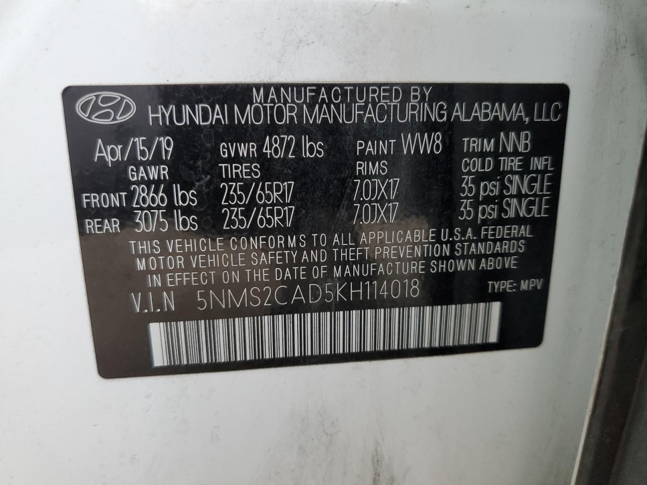 2019 Hyundai Santa Fe Se VIN: 5NMS2CAD5KH114018 Lot: 85930475
