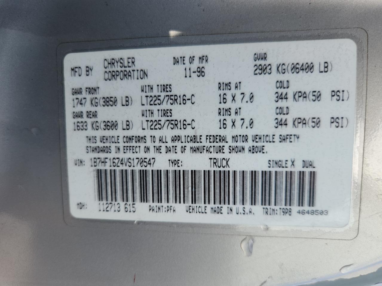 1997 Dodge Ram 1500 VIN: 1B7HF16Z4VS170547 Lot: 85388945